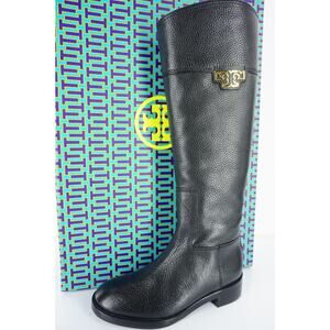 Tory Burch Joanna Black Leather Gold Logo Riding Boots Size 5.5 Heels NIB $495